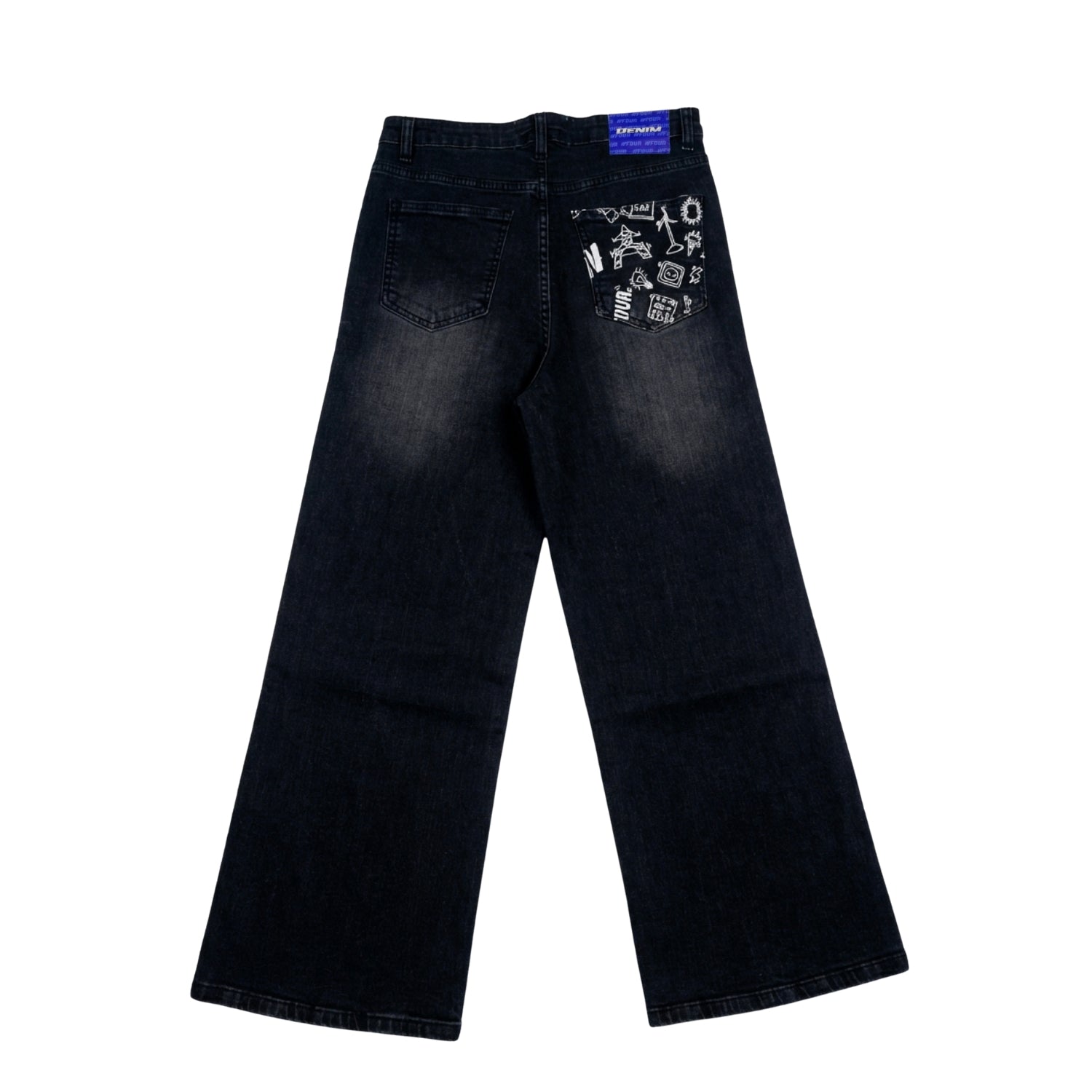 Black jeans with graphic design on a white background
