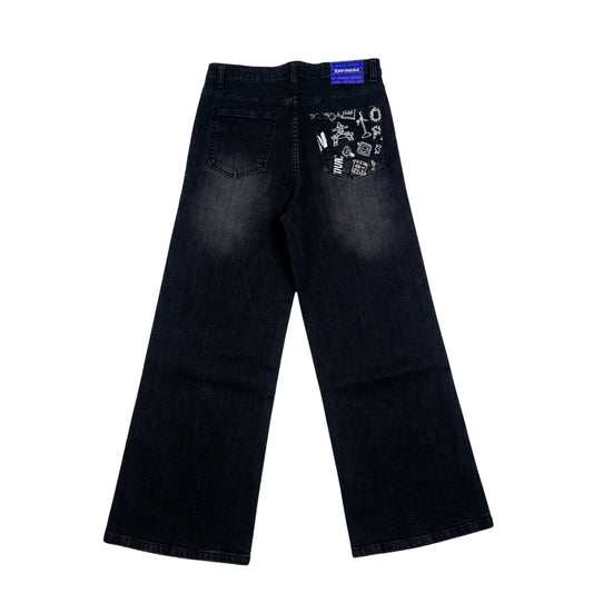 Black jeans with graphic design on a white background
